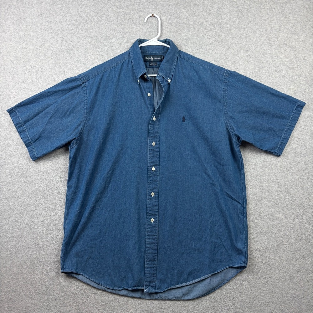 Vintage Ralph Lauren Blaire Shirt Mens Large Blue Chambray Short Sleeve